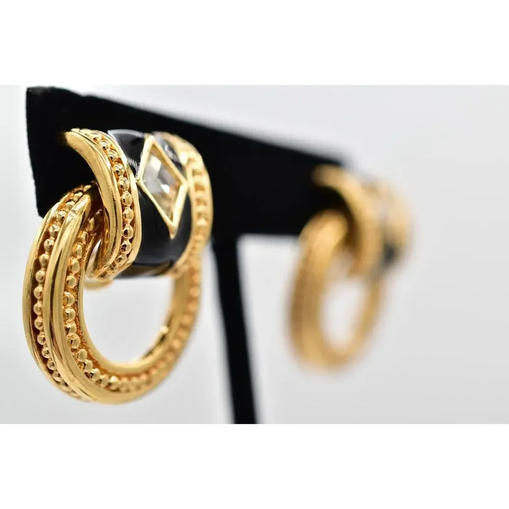 Swarovski Vintage Crystal Clip On Earrings Black Dangle Gold Swan Signed BinBK